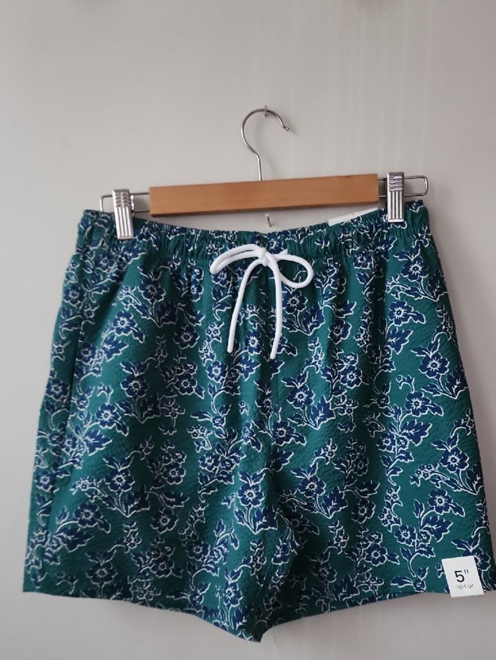 Men's Teal Floral Swim Trunks with White Drawstring - Picture 11 of 12